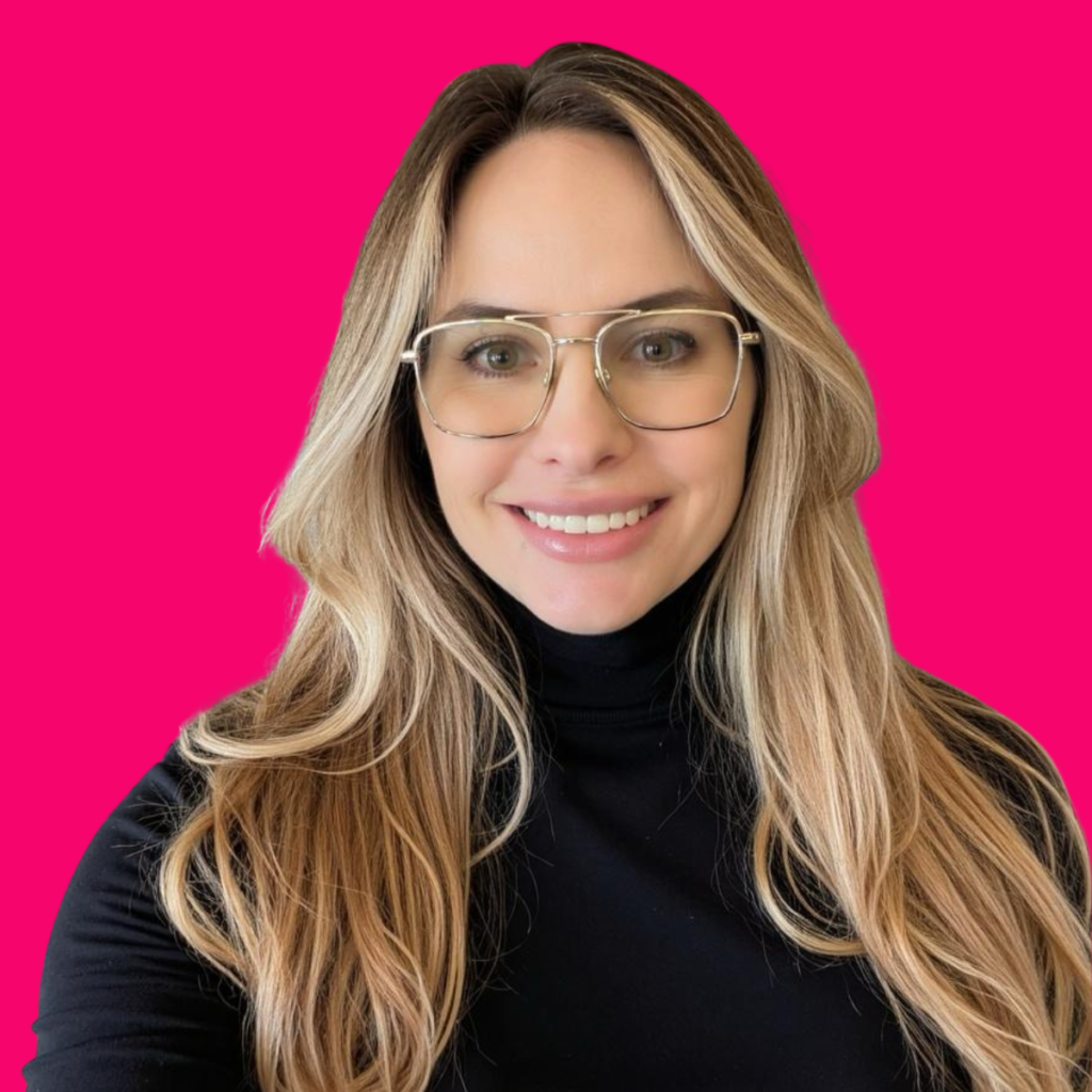 Allison Rossi headshot on Pink